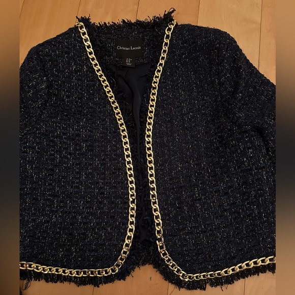 Christian Lacroix Cropped Shimmery Blue Gold Blazer Sz M - Picture 7 of 13